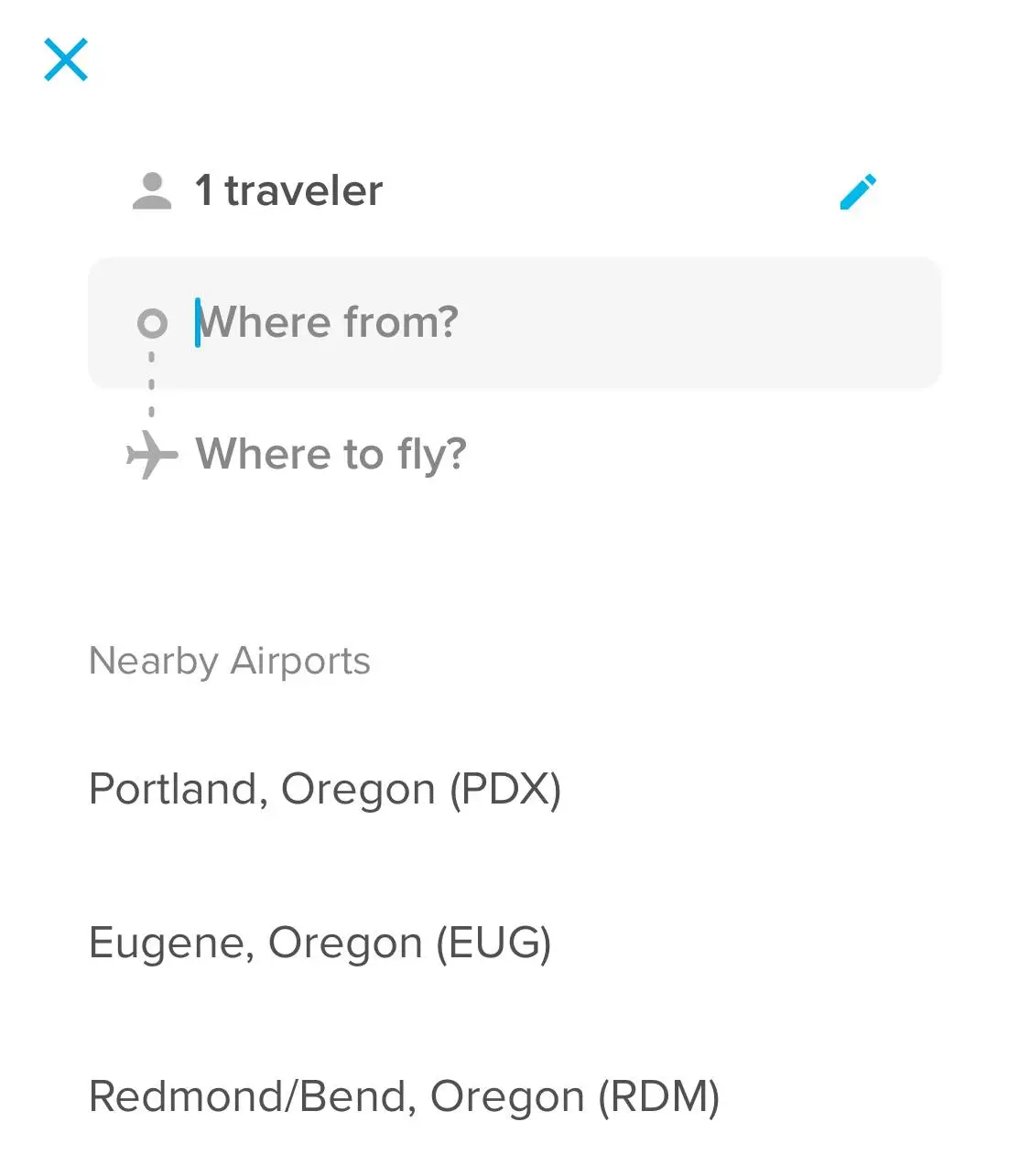 screenshot of entering departure and destination cities in hopper. 