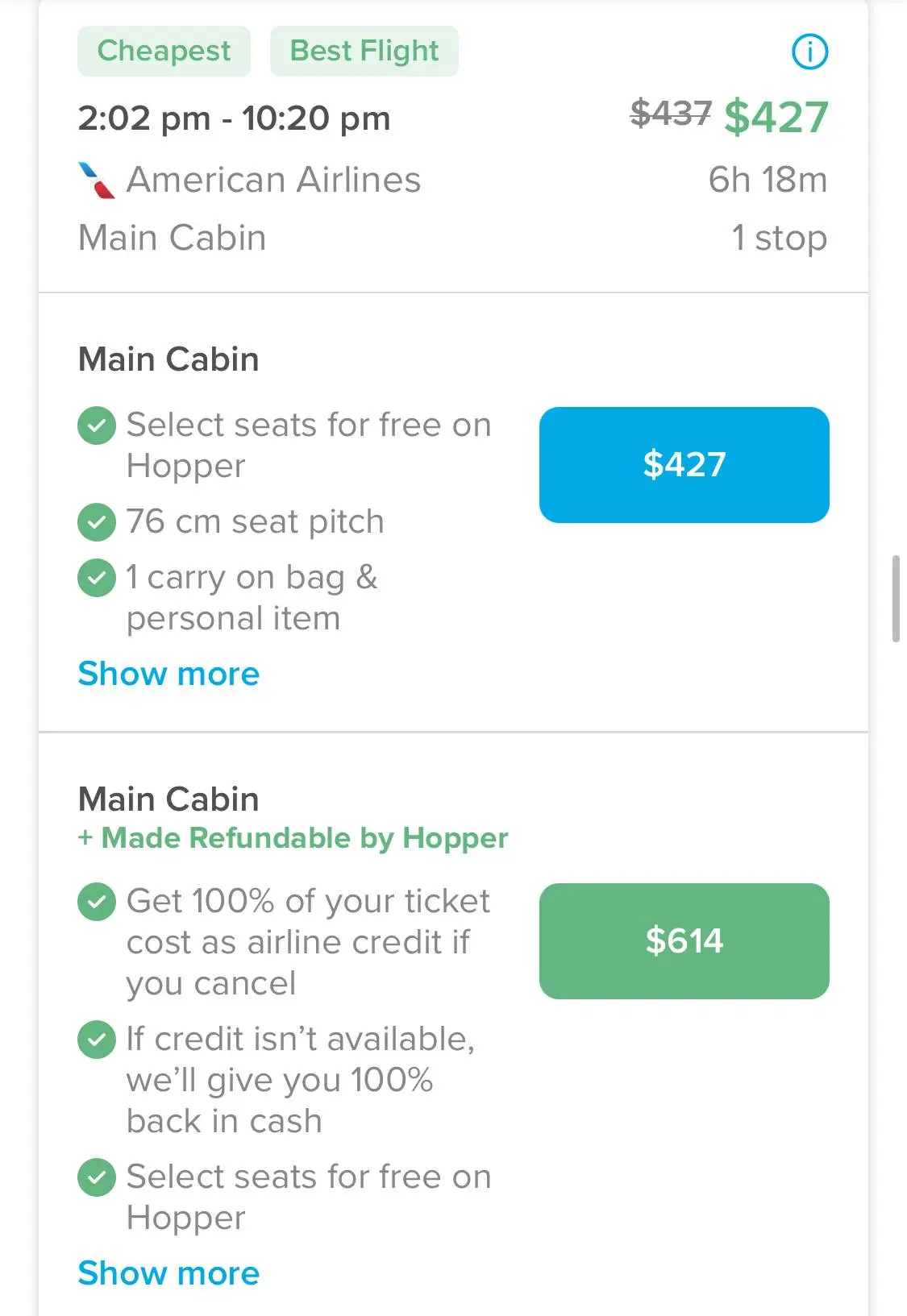 screenshot of fare options on hopper.