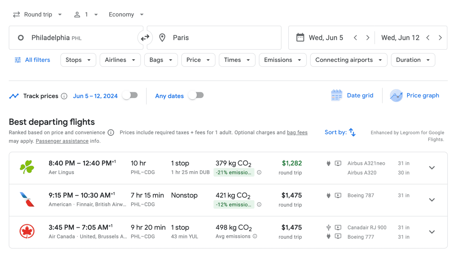 Example of Google Flights search