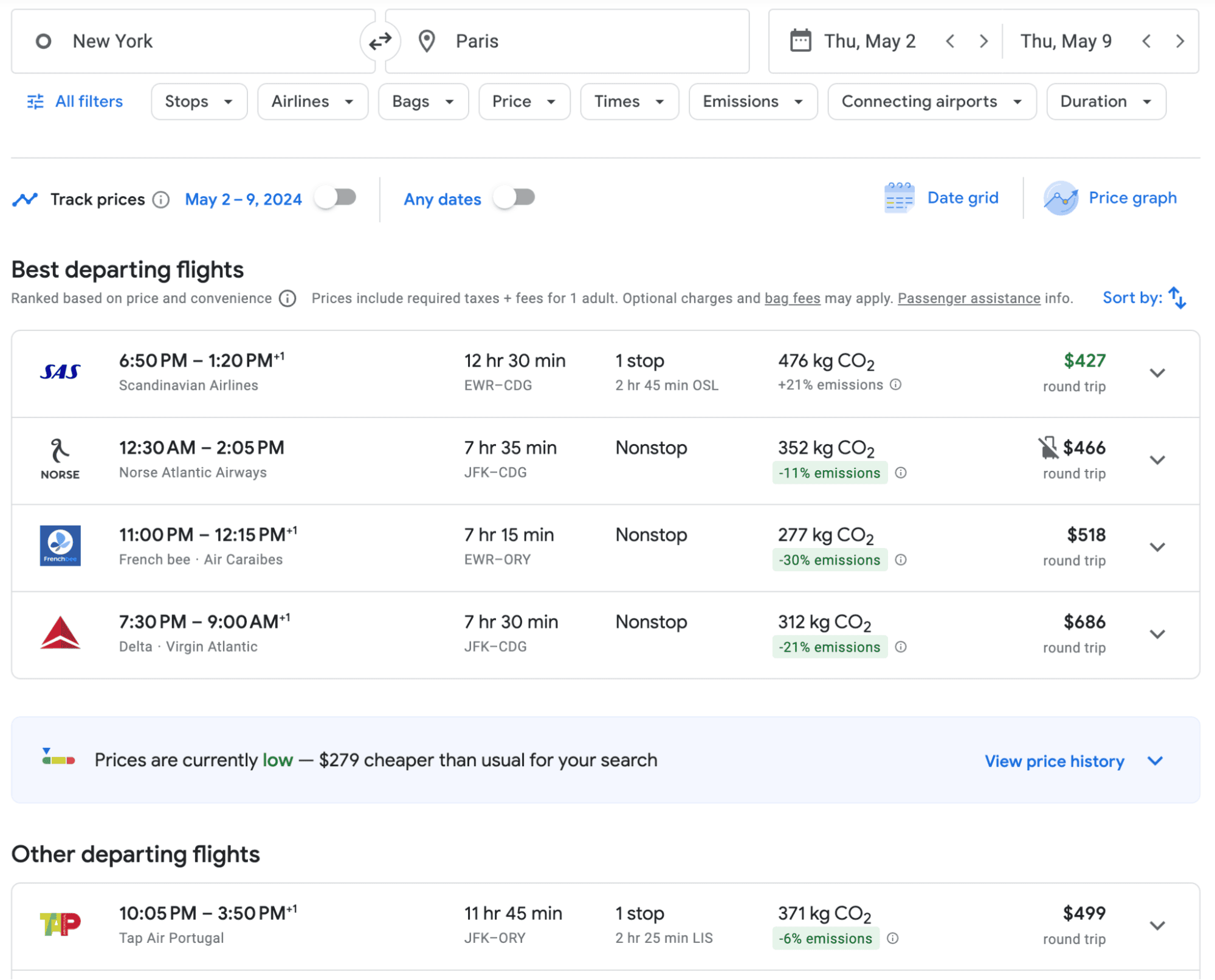 Example of Google Flights search