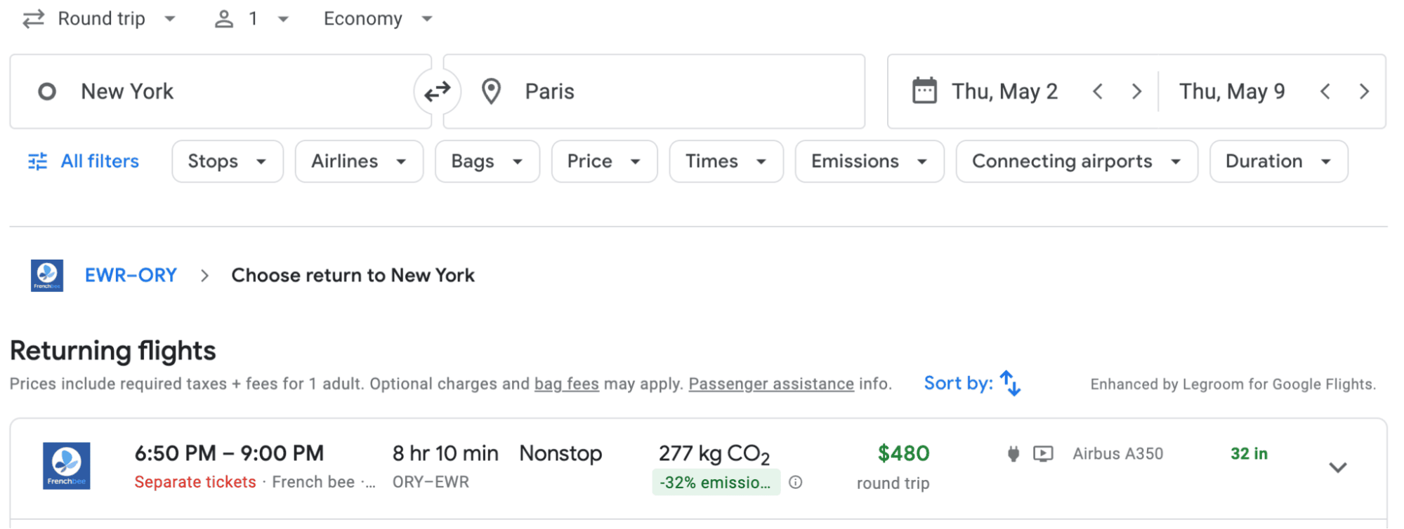 Example of Google Flights search