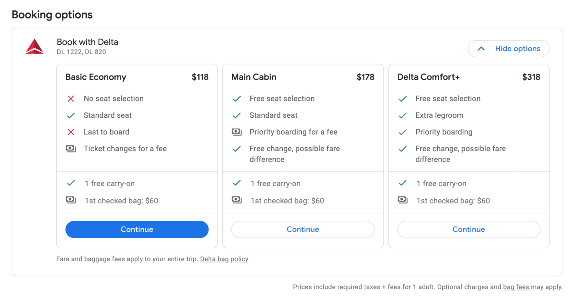 Example of Google Flights search