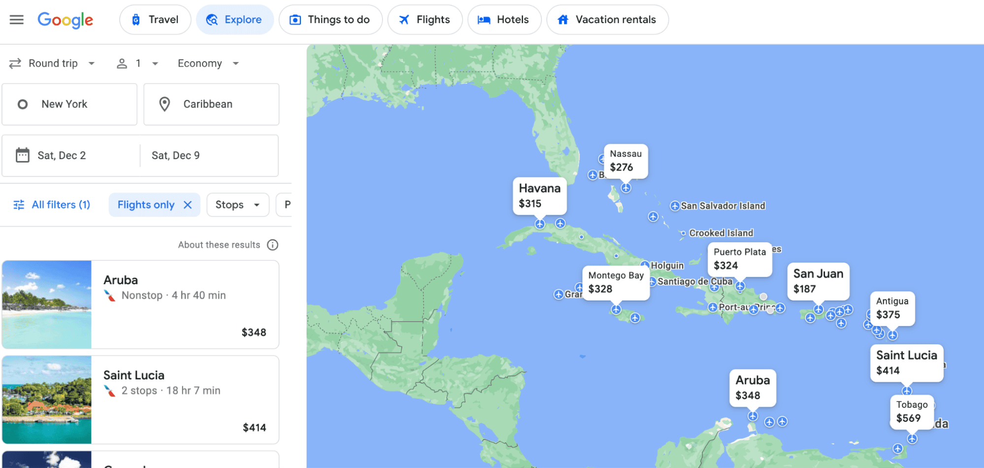 Example of Google Flights search