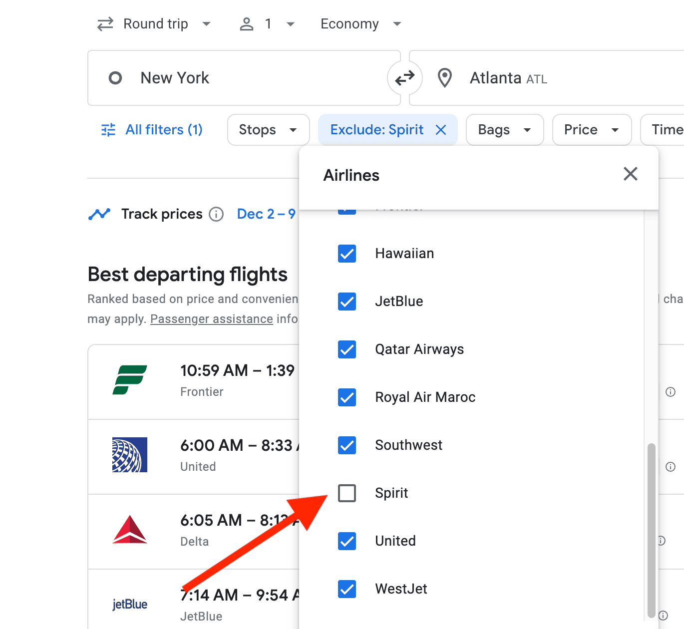 Example of Google Flights search