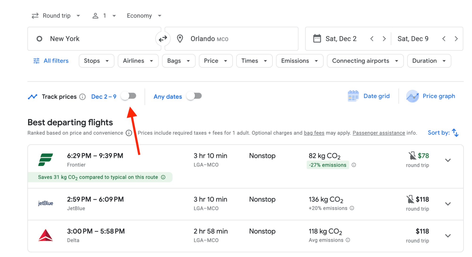 Example of Google Flights search