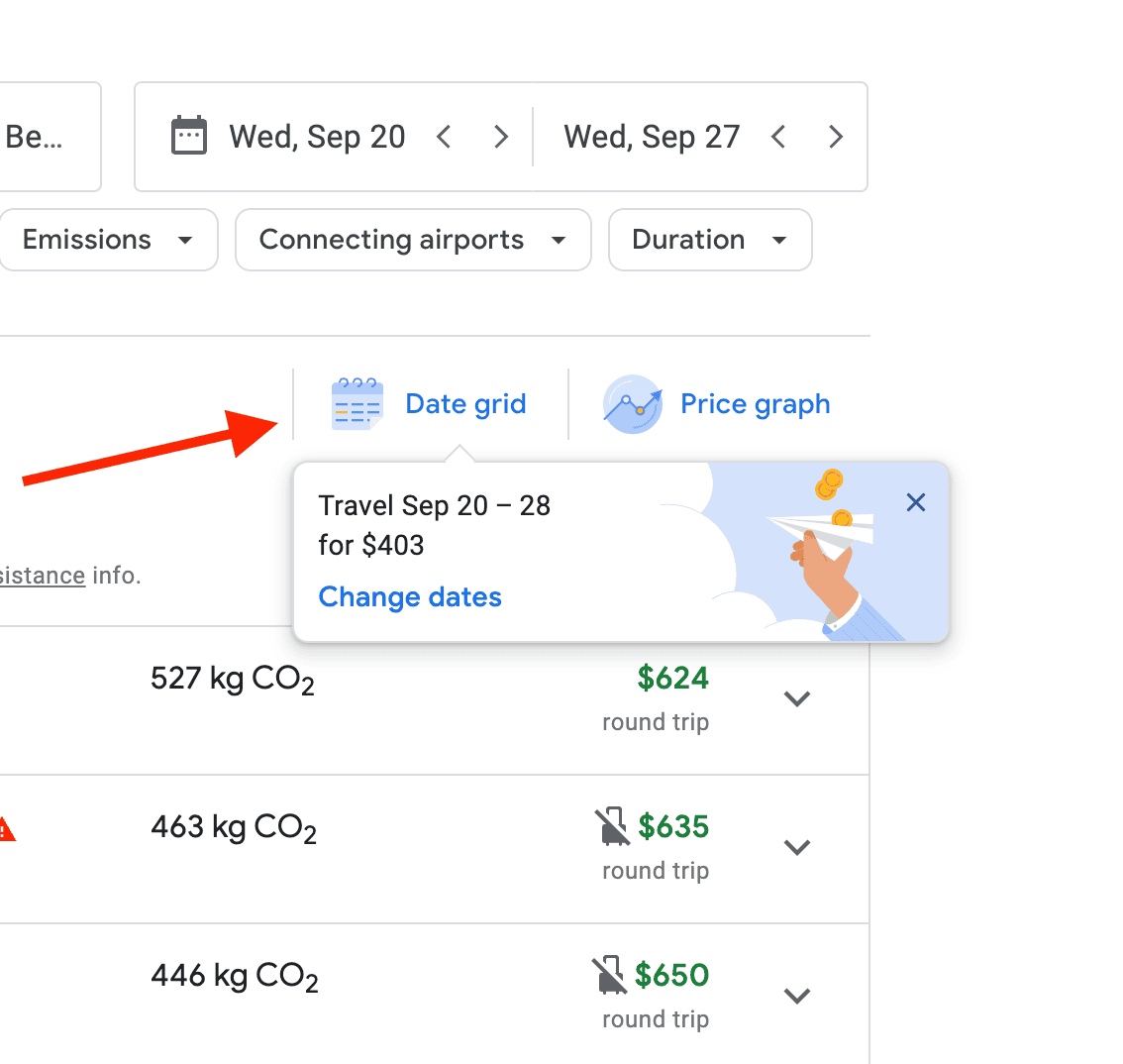 Example of Google Flights search