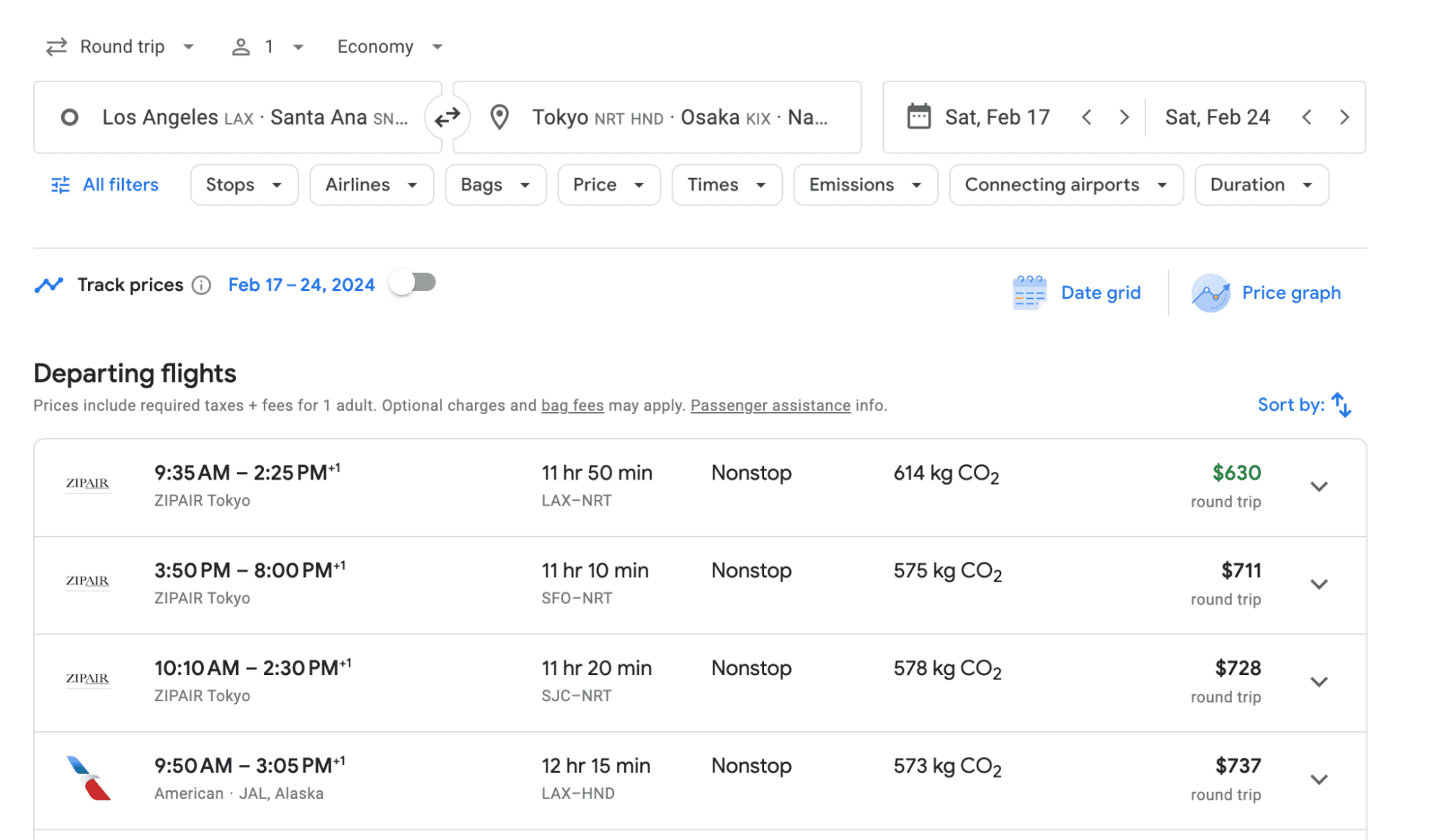 Example of Google Flights search