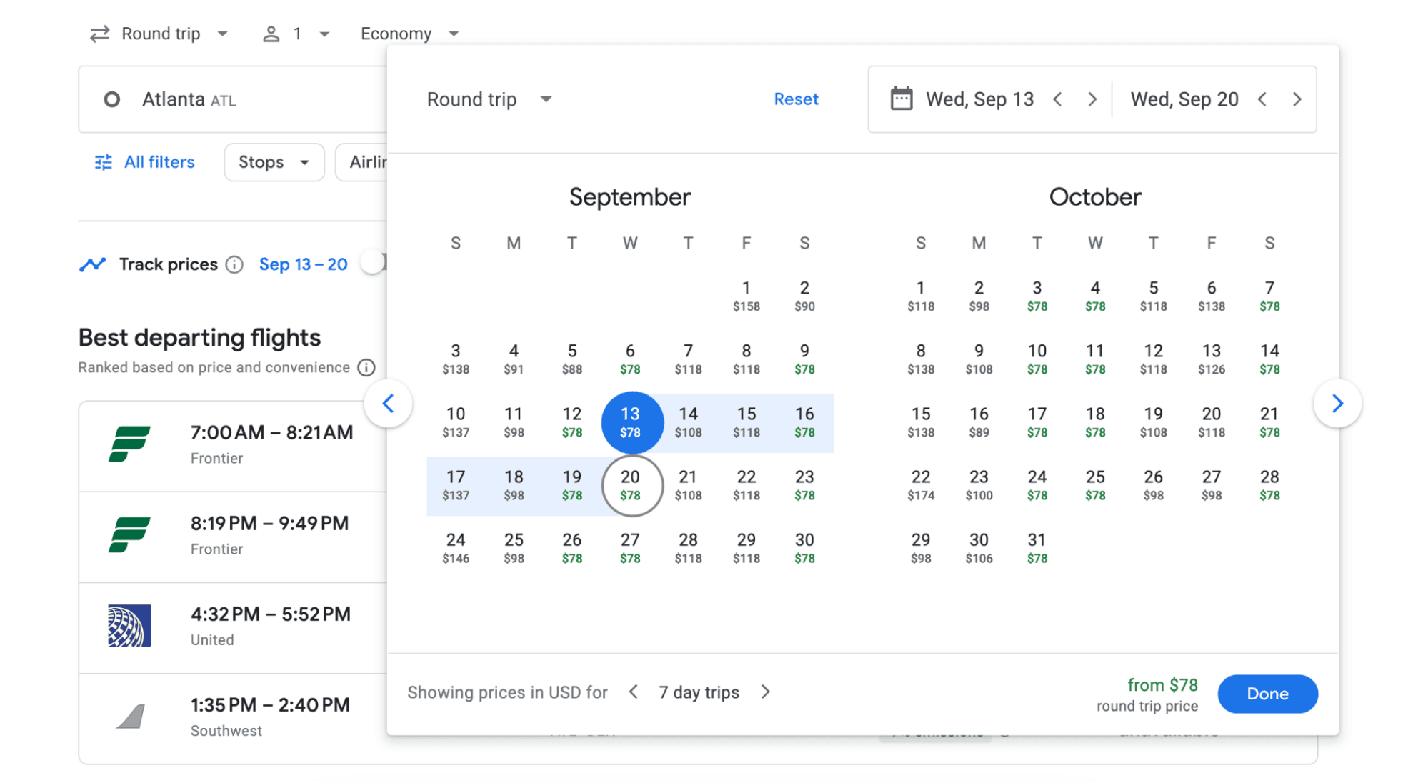 Example of Google Flights search